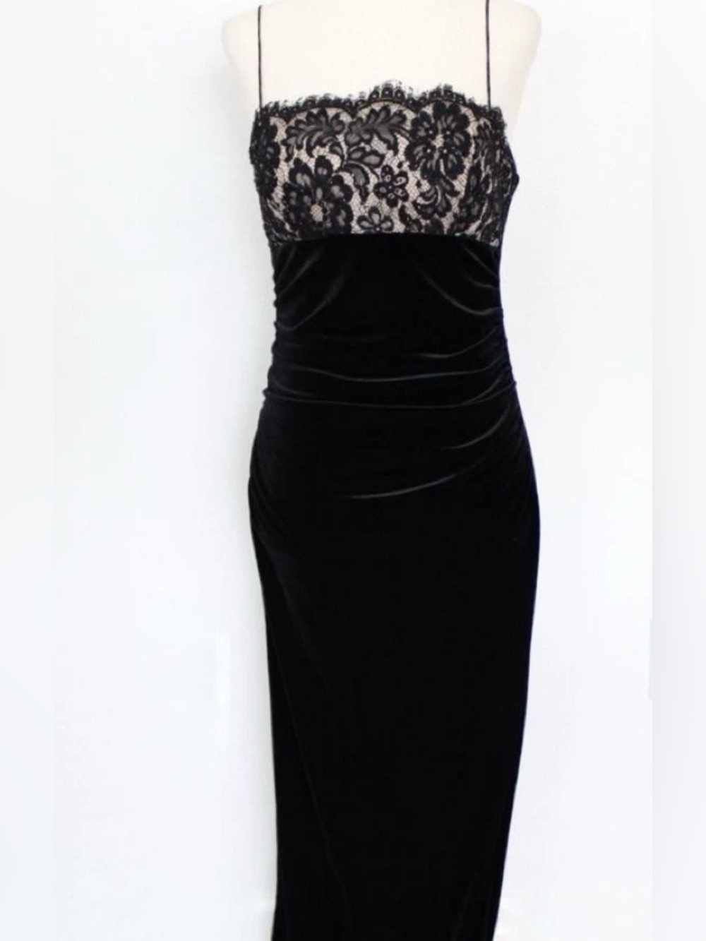 JS Boutique Vintage 90s/Y2K Black Velvet Lace Bodice Formal Maxi Dress Size 6